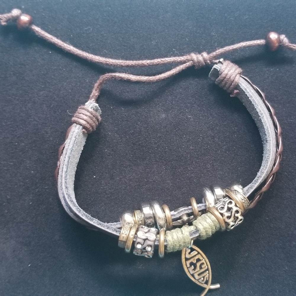 Leather like bracelet with Jesus fish charm